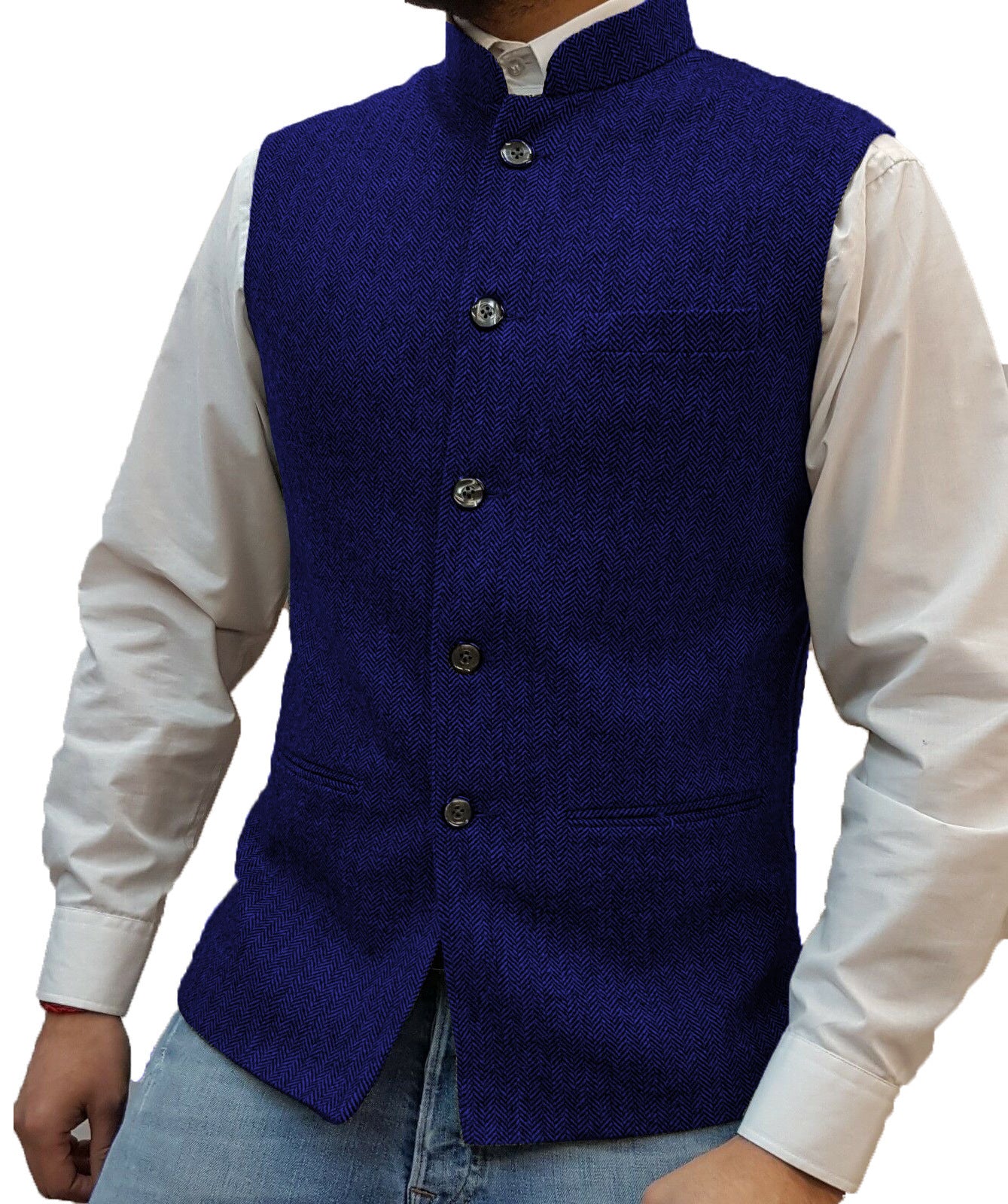 Zhongshan Collar Herringbone Pattern Vest Man