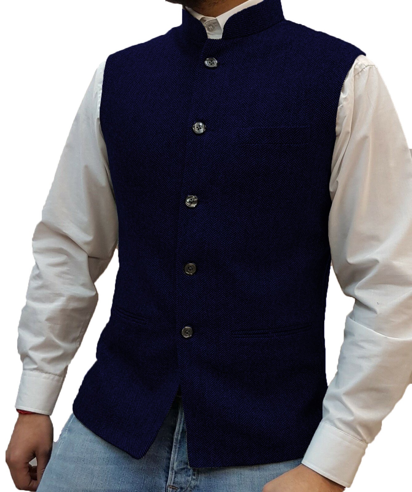 Zhongshan Collar Herringbone Pattern Vest Man