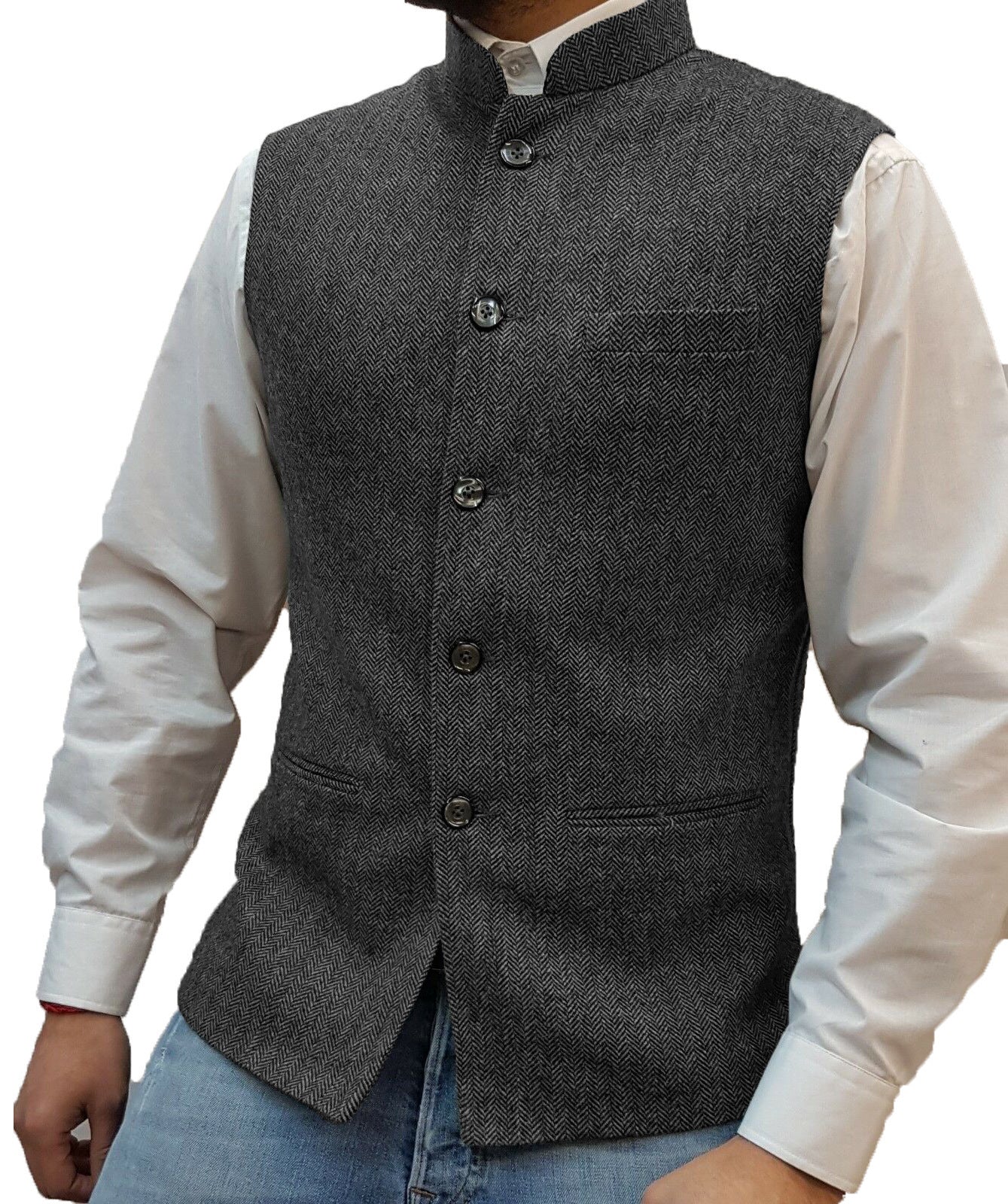 Zhongshan Collar Herringbone Pattern Vest Man