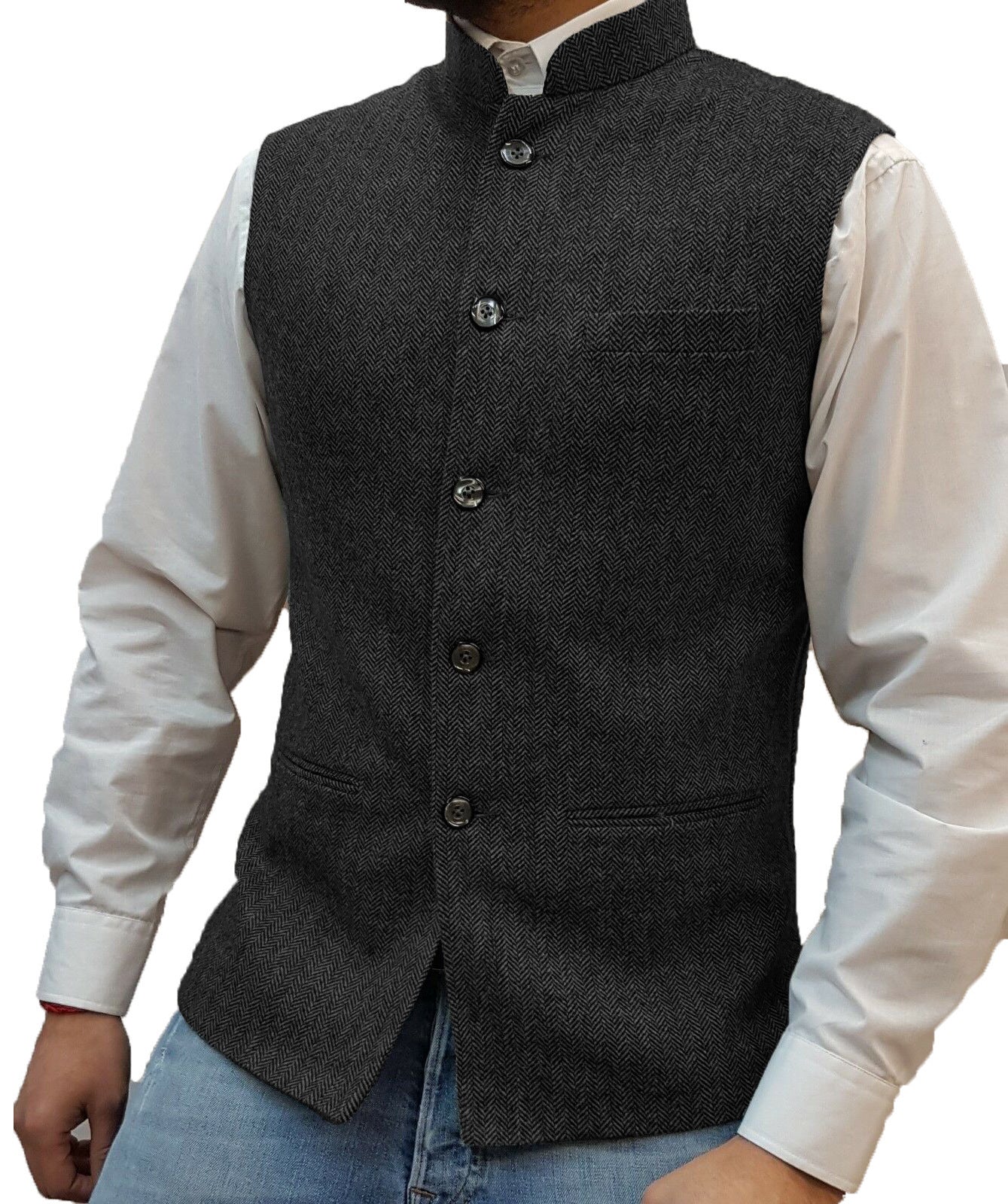 Zhongshan Collar Herringbone Pattern Vest Man